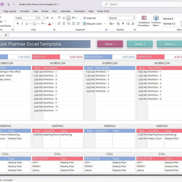 Weekly Work Planner Excel Template | Weekly Work Tracker | Excel Planner Worksheet | Printable Excel | Fillable Sheet | Editable Spreadsheet