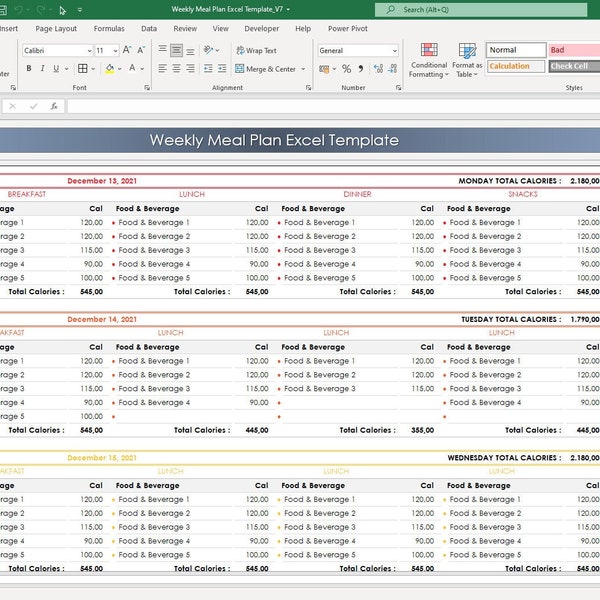 Meal Plan Excel Sheet