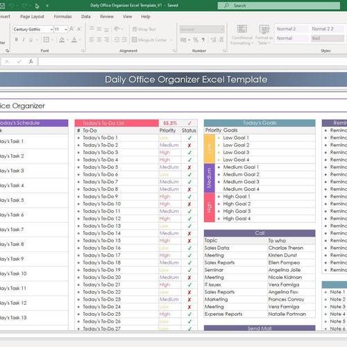 Daily Office Organizer Excel Template Daily Office Planner Etsy