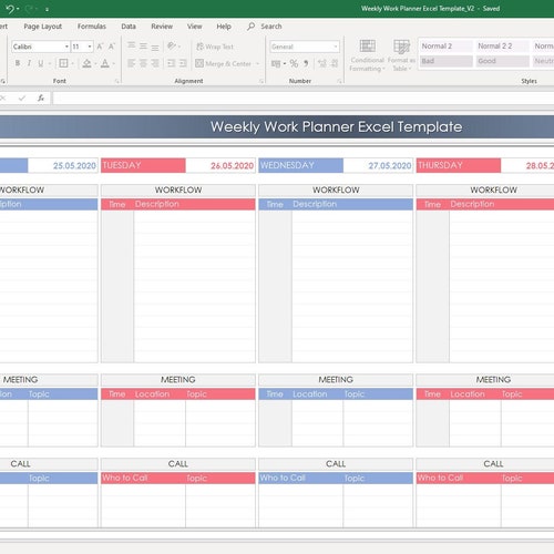 Weekly Work Planner Excel Template Weekly Work Tracker Etsy