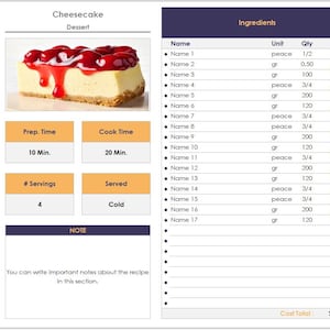 Modelo de Criador de Receitas em Excel (100 Receitas) | Livro de Receitas Editável em Excel | Planilha de Rastreamento de Receitas | Modelo de Livro de Receitas Digital em Excel