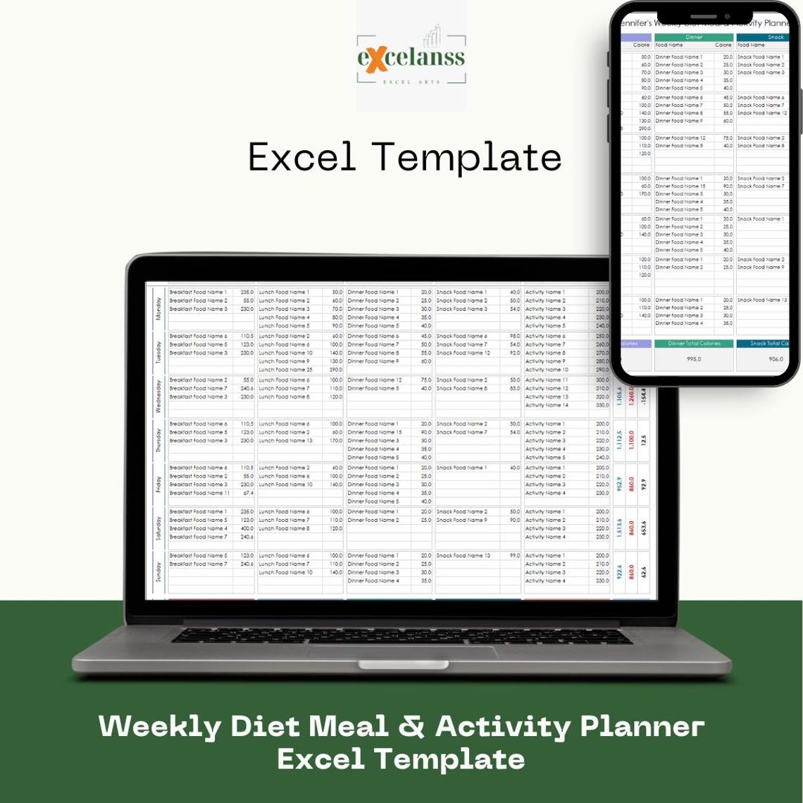 Weekly Diet Meal & Activity Planner Excel Template: Diet and Workout ...