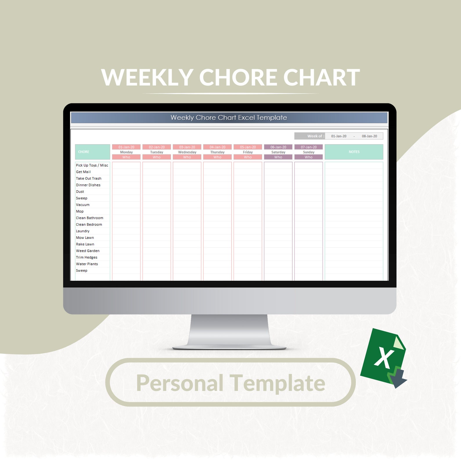 Weekly Chore Chart Excel Template Chore Planner Excel Planner Printable ...