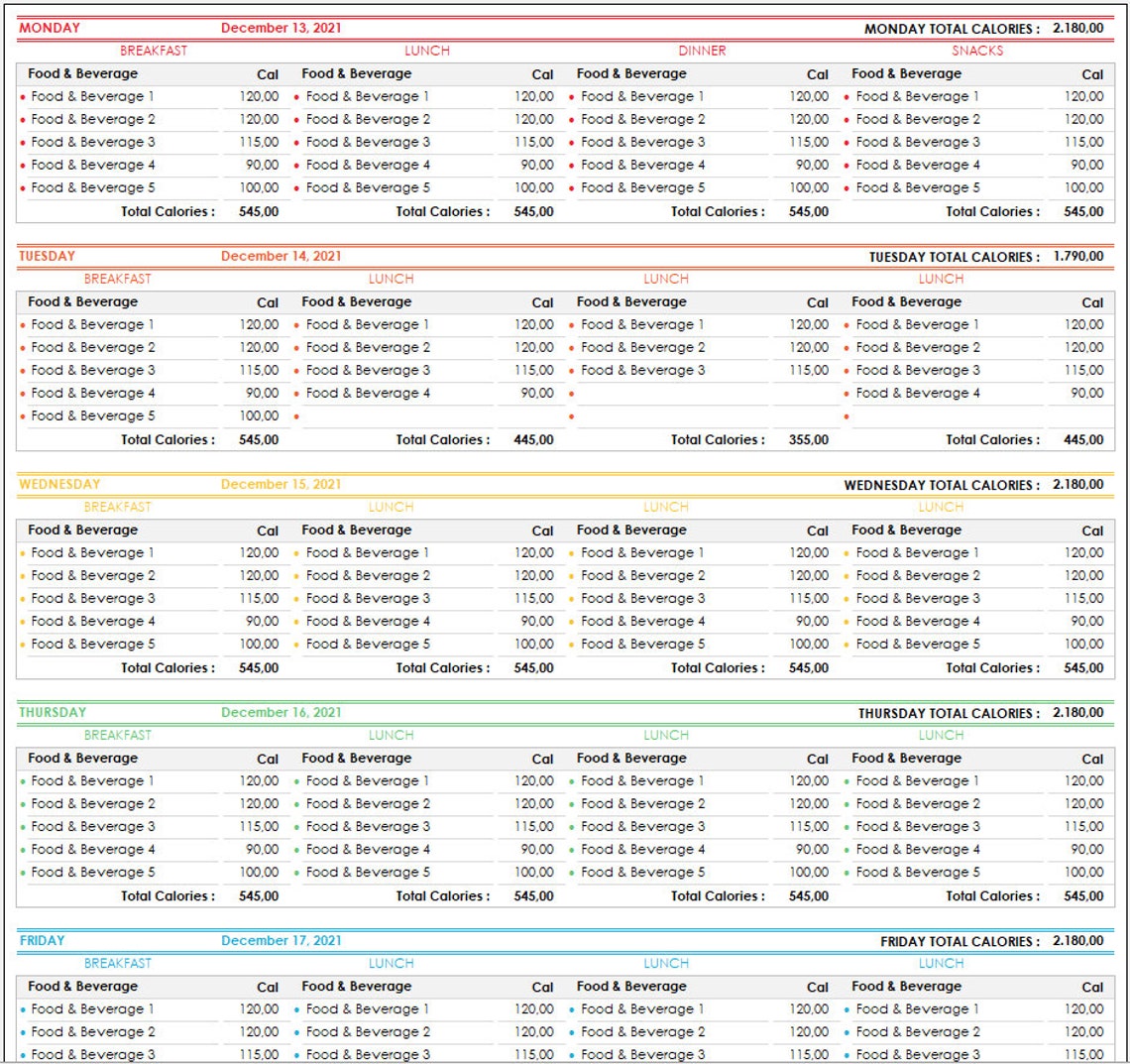 Weekly Meal Plan Excel Template Meal Plan With Calories | Etsy