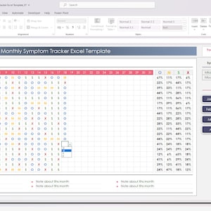 May include: A screenshot of a computer screen showing a spreadsheet with a monthly symptom tracker template. The spreadsheet is titled 'Monthly Symptom Tracker Excel Template' and has a section for 'May Symptom Page.' The spreadsheet has a list of symptoms and a grid of days of the month. The user can track their symptoms by marking the corresponding day with a symbol. The spreadsheet also has a section for 'May Notes' where the user can write notes about their symptoms. The spreadsheet has a section for 'Symptom Grades and Abbreviations' which shows the different grades of symptoms and their abbreviations. The spreadsheet also has a section for 'Pages' which shows the different months of the year. The spreadsheet is in a light gray color scheme with red, yellow, and blue symbols.