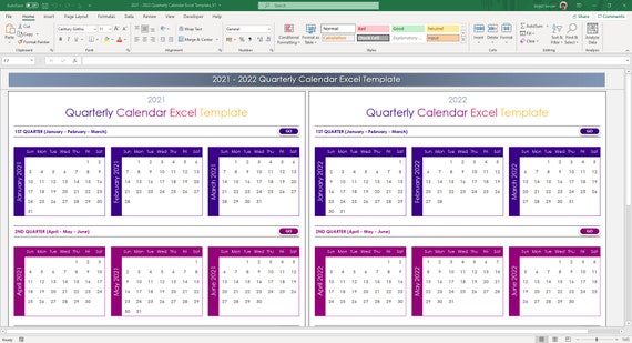 Quarterly Calendar 21 22 Excel Template Planner Etsy