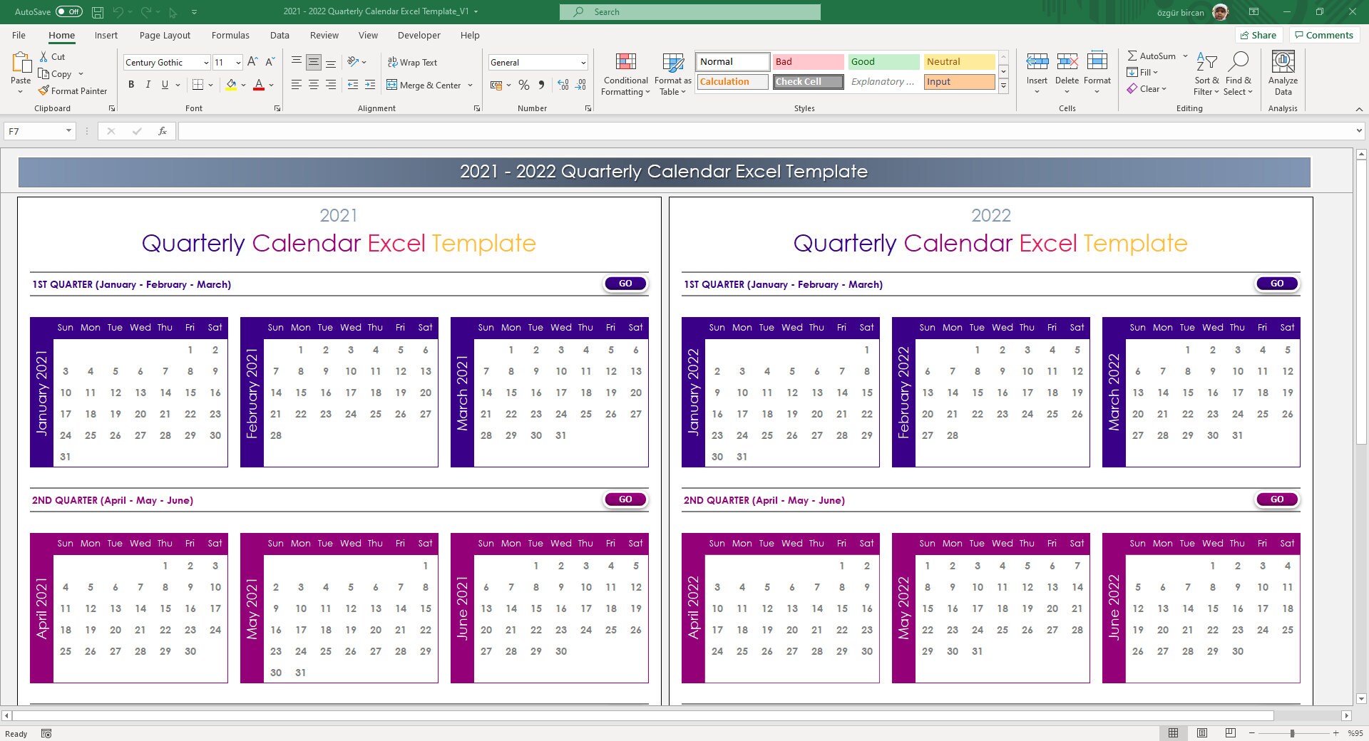 quarterly calendar 2021 2022 excel template planner etsy israel