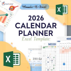 2026 Calendar Planner Excel Template: Monthly Planner & Organizer with 12 Pages