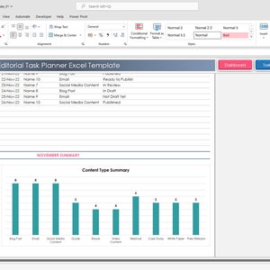 K&ouml;nnte beinhalten: Eine Tabellenkalkulation mit einer blauen Kopfzeile, die "Editorial Task Planner Excel Template" lautet. Die Tabellenkalkulation enth&auml;lt eine Tabelle mit Spalten f&uuml;r "Aufgabe", "Datum", "Name", "Phase" und "Notizen". Es gibt ein Diagramm, das die Anzahl der Aufgaben in jeder Phase der Fertigstellung zeigt. Das Diagramm hat einen blauen Hintergrund und rote Balken.