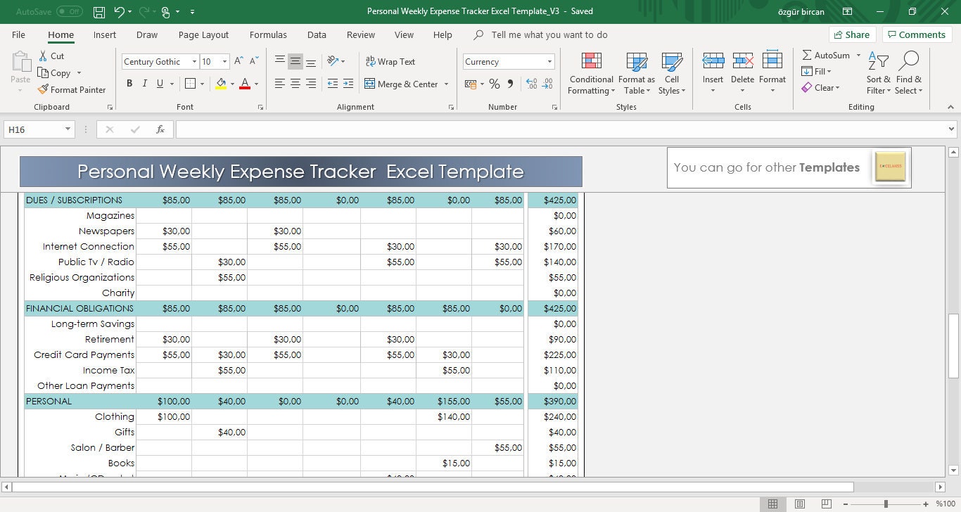 Personal Weekly Expense Tracker Excel Template Budget | Etsy