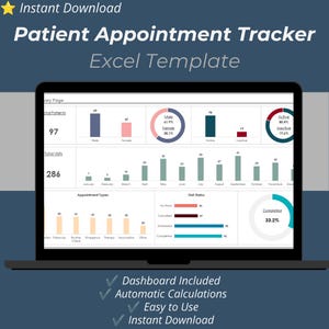 May include: A digital Patient Appointment Tracker Excel Template displayed on a laptop screen. The dashboard features various data visualizations including bar charts, donut charts, and numerical summaries for patient demographics, visit status, and appointment types.