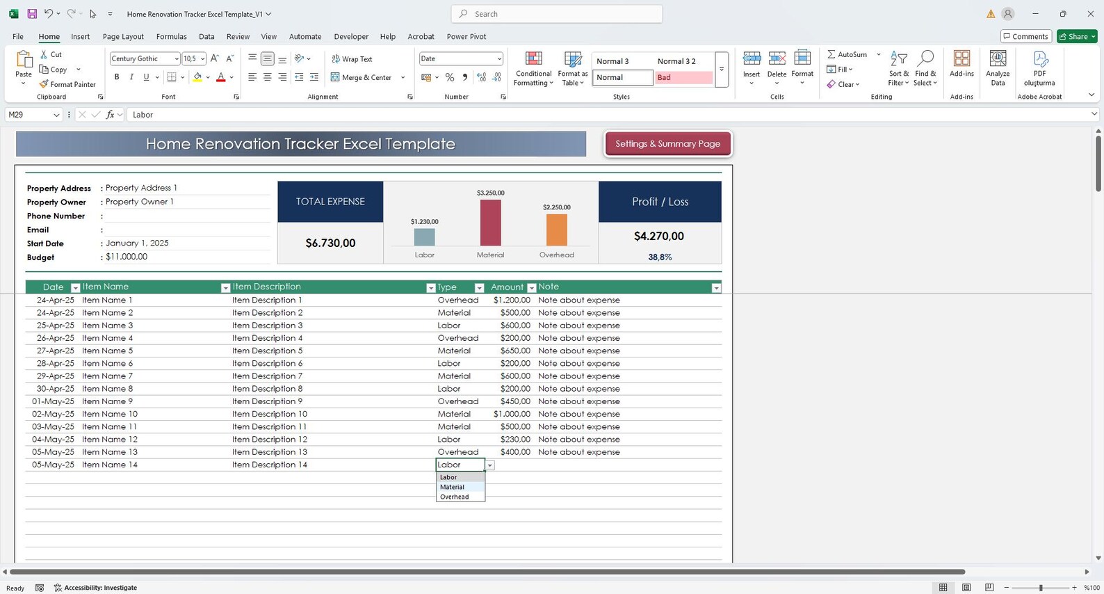 Home Renovation Budget Tracker Excel Template – 100 Projects ...