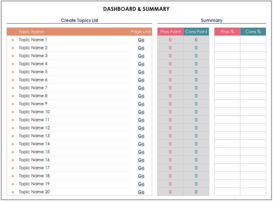 Pros and Cons Tracker Excel Template: Decision-making Sheet - Etsy