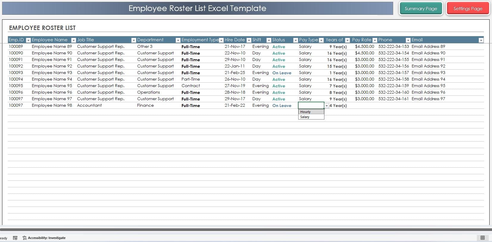 Employee Database Roster Excel Employee Roster List Excel Template | Staff Directory & Summary ...