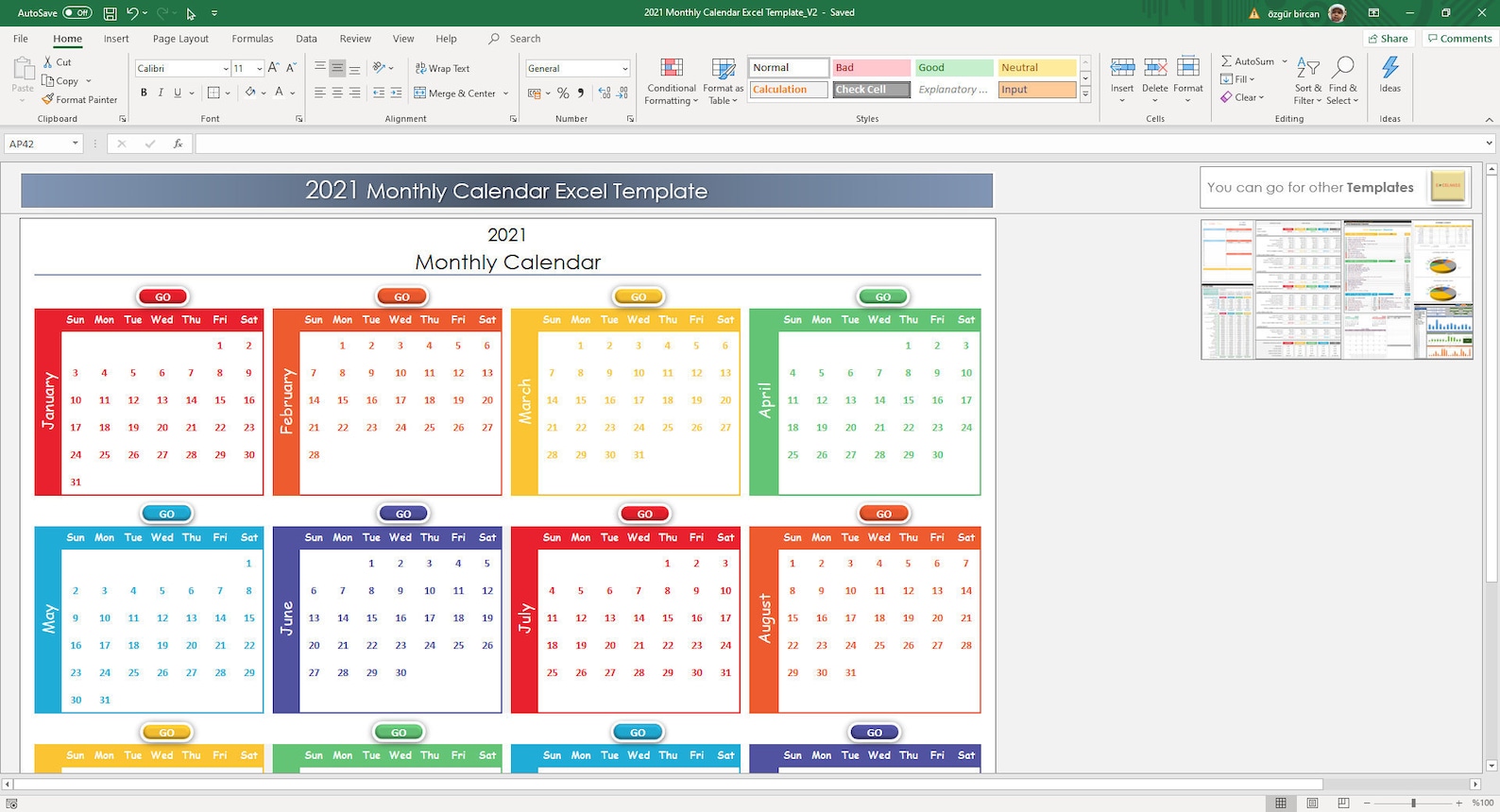 Plantilla Mensual De Excel Calendario 2021 Planificador Etsy España 