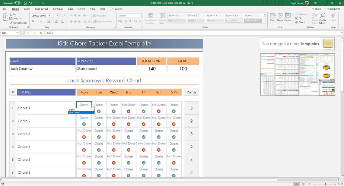 Kids Chore Tracker Excel Template Chore Planner Excel - Etsy