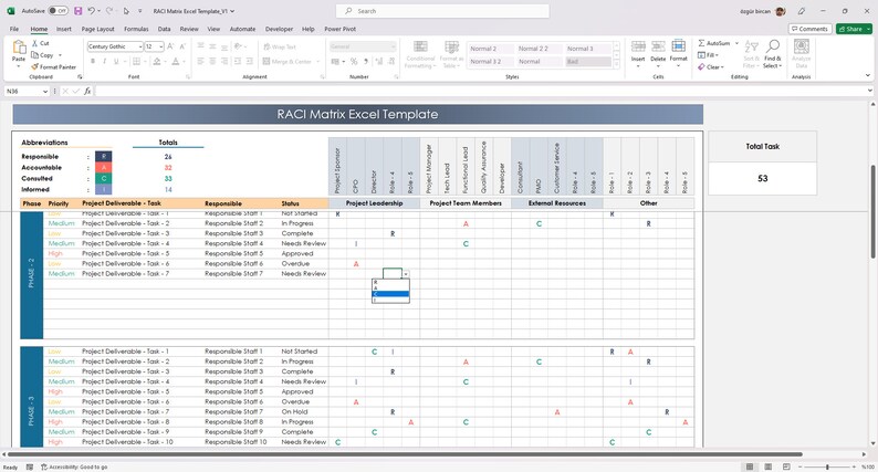 RACI Matrix Excel Template | Project Responsibility Matrix & Task ...