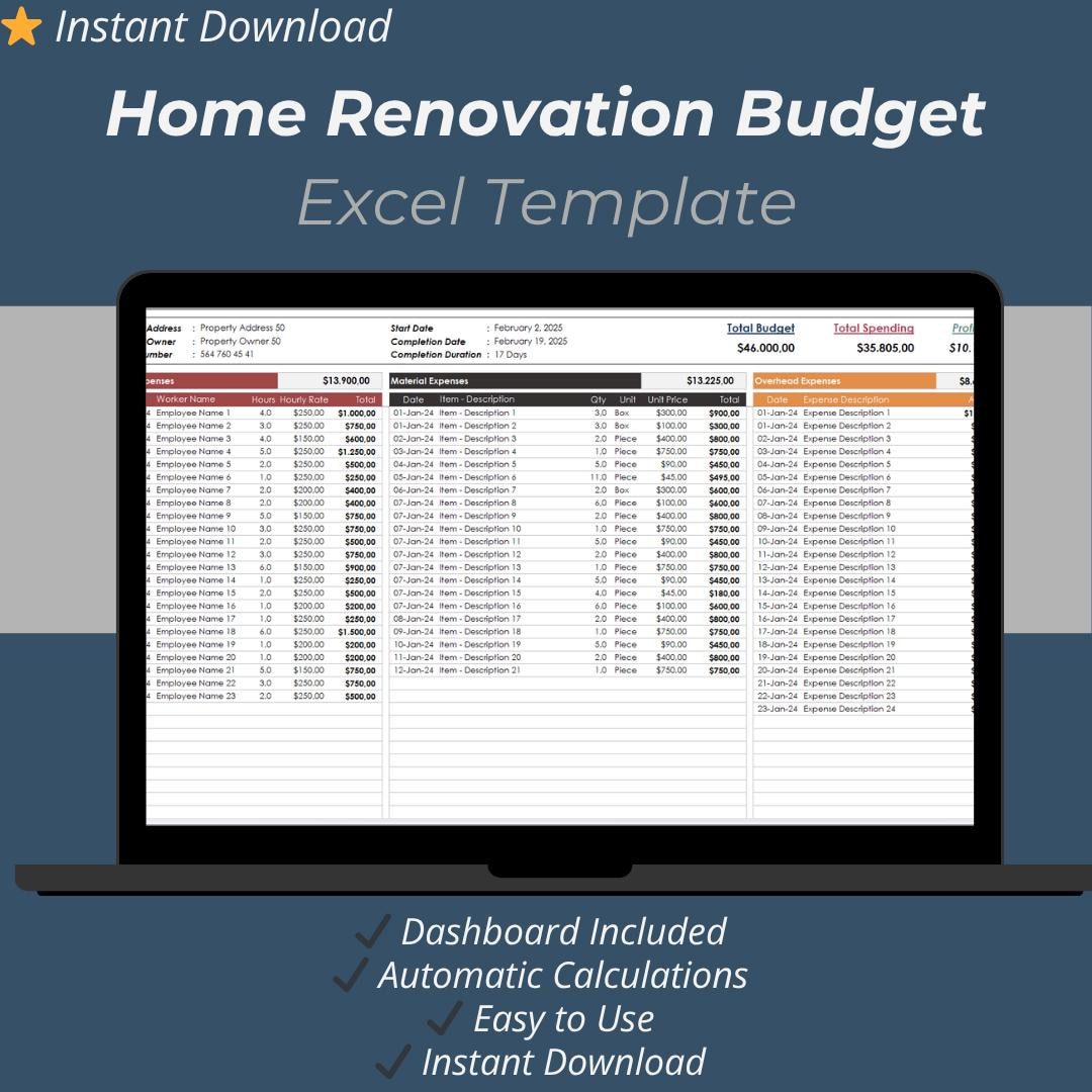 Home Renovation Budget Excel Template | House Flipping Expense Tracker ...