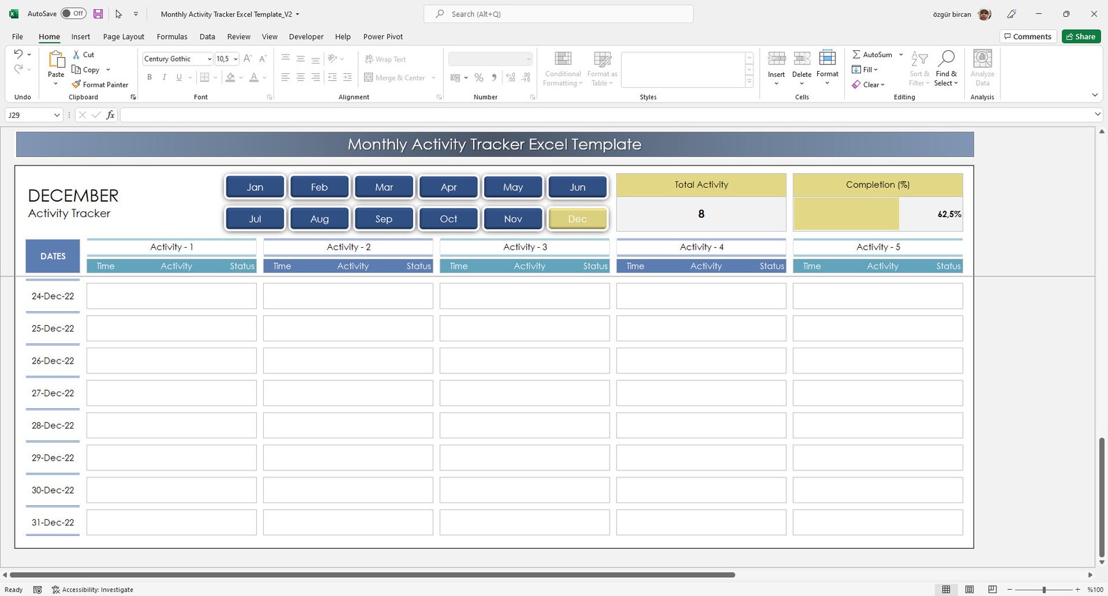 Monthly Activity Tracker Excel Template Editable Activity Etsy
