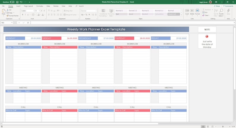 Weekly Work Planner Excel Template Weekly Work Tracker - Etsy Canada
