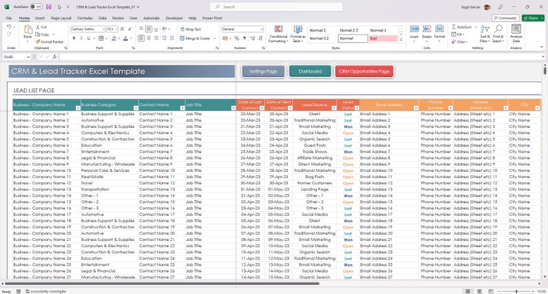CRM Excel spreadsheet for sales pipeline and lead tracking