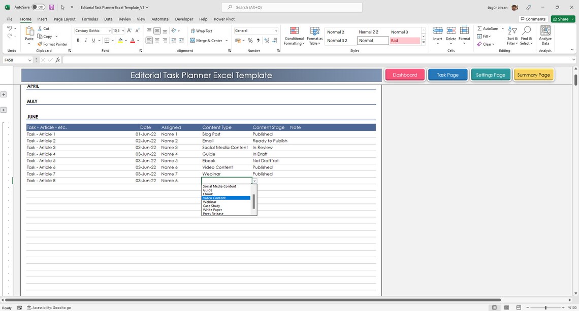 Editorial Task Planner Excel Template Content Task Planner - Etsy