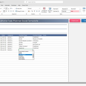 K&ouml;nnte beinhalten: Ein Screenshot eines Tabellenkalkulationsprogramms mit einem blauen und grauen Farbschema. Die Tabellenkalkulation ist mit "Editorial Task Planner Excel Template" betitelt. Die Tabellenkalkulation hat Spalten f&uuml;r "Aufgabe", "Datum", "Zugewiesen", "Inhaltsart", "Inhaltsstufe" und "Notiz". Die Tabellenkalkulation ist mit Daten gef&uuml;llt, einschlie&szlig;lich der Namen von Aufgaben, Daten und Inhaltsarten. Die Tabellenkalkulation enth&auml;lt auch ein Dropdown-Men&uuml; zur Auswahl des InhaltsTyps.