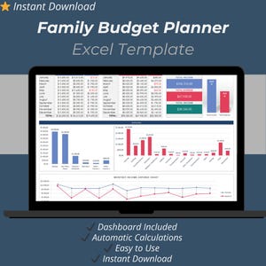 Family Budget Planner Excel Template :12-Month Income & Expense Tracker with Automatic Totals and Charts