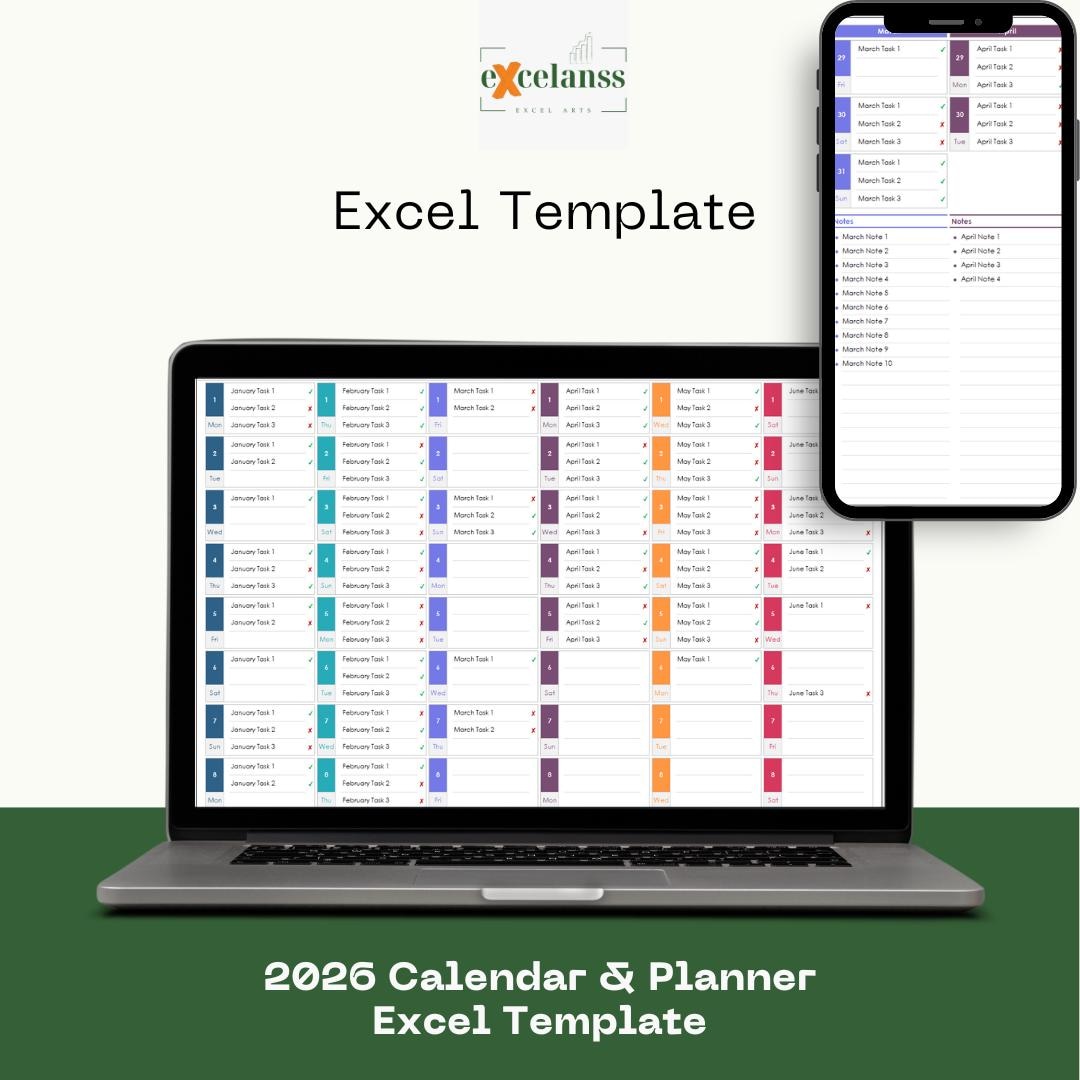 2026 Calendar & Planner Excel Template: Daily Tasks and To-do List - Etsy