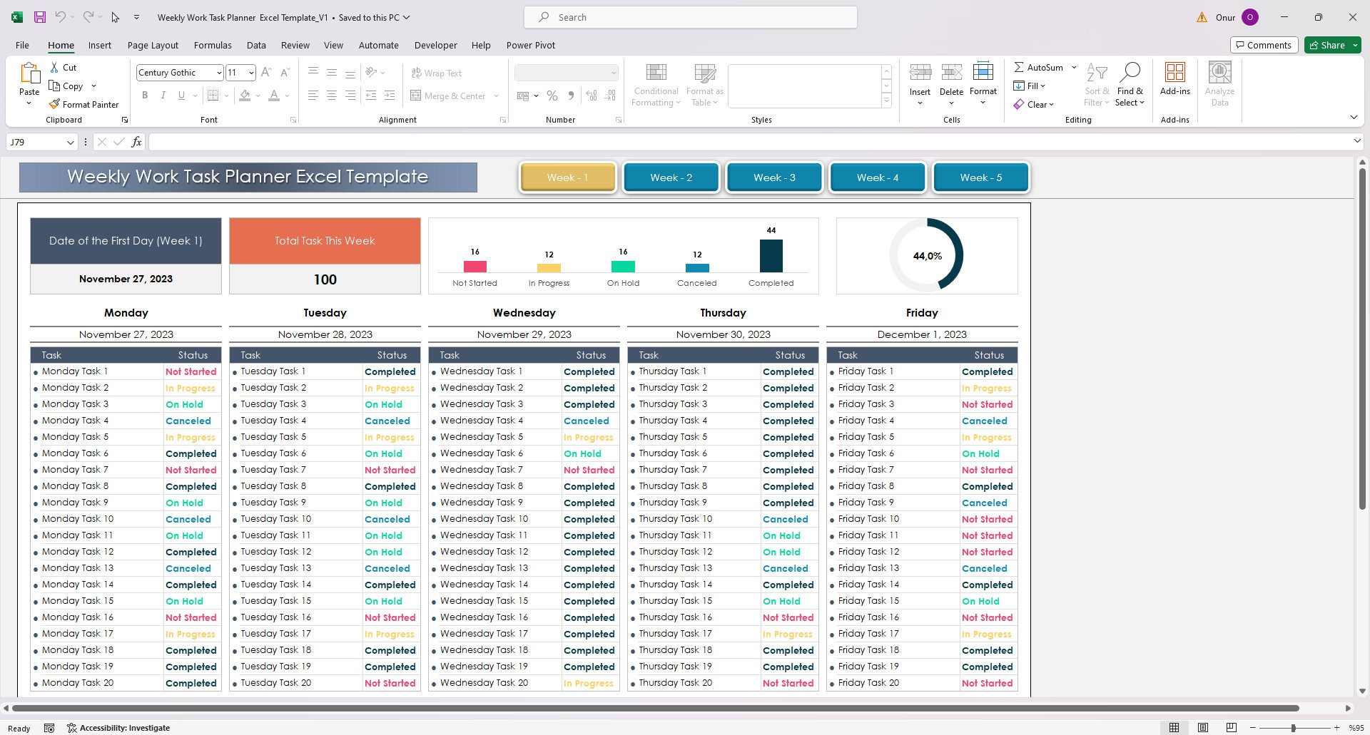 Weekly Task Planner Excel Template – Work Organizer, Productivity ...