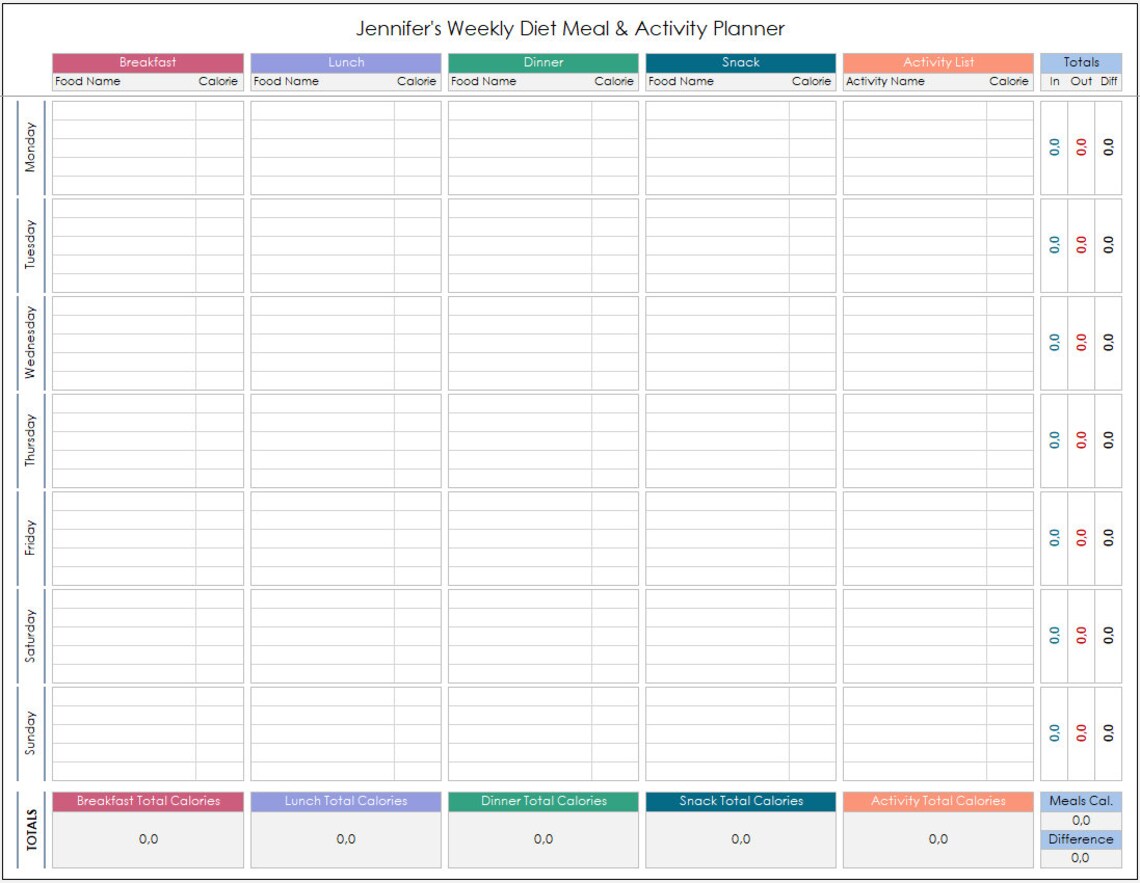 Weekly Diet Meal & Activity Planner Excel Template: Diet and Workout ...
