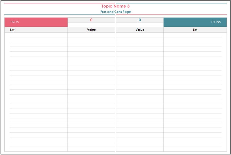 Pros and Cons Tracker Excel Template: Decision-making Sheet - Etsy