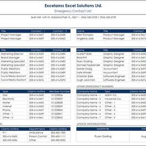 Emergency phone number log and contact list Excel file