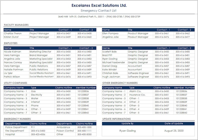 Emergency phone number log and contact list Excel file