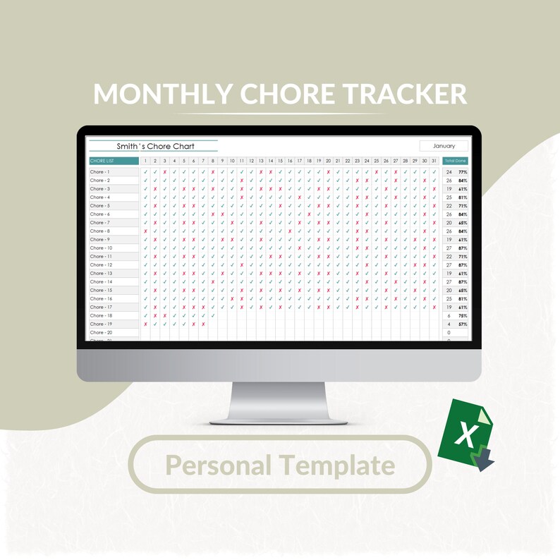 Monthly Chore Tracker Excel Template | Chore Planner | Excel Planner ...