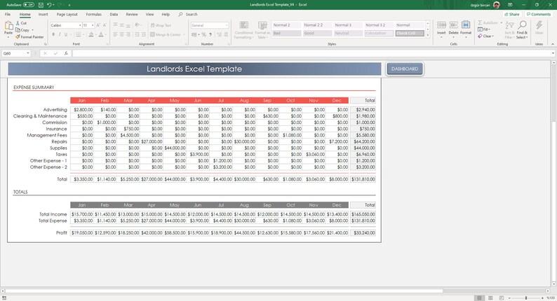 May include: A spreadsheet with a red and white color scheme, titled "Landlords Excel Template". The spreadsheet includes a monthly budget for a landlord, with categories for expenses such as advertising, cleaning and maintenance, commission, insurance, management fees, rent, supplies, taxes, and other expenses. The spreadsheet also includes a section for total income, total expenses, and profit.