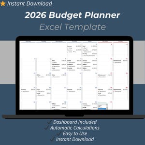 2026 Budget Planner Excel Template | 12 Month Income & Expense Tracker