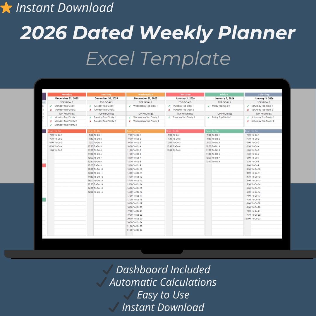 2026 Dated Weekly Planner Excel Template: 53 Weeks Goals, Priorities