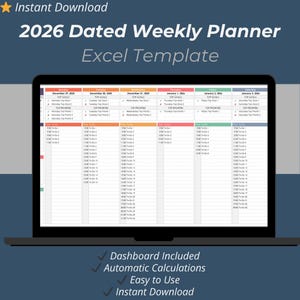 Plantilla de Excel para planificador semanal con fecha 2026: 53 semanas con objetivos, prioridades y tareas pendientes