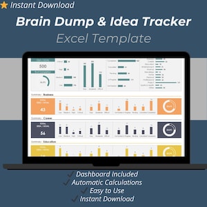 Brain Dump Excel Template | Idea Tracker, Goal Planner & Productivity Organizer Spreadsheet