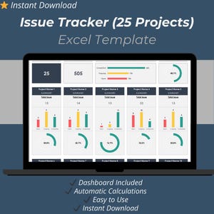 Modèle Excel de suivi des problèmes | Journal des problèmes multi-projets et tableau de bord d'état (25 projets)