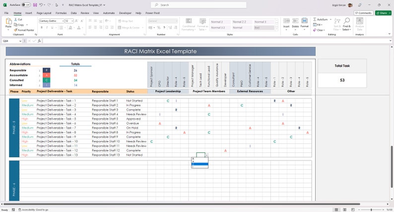 RACI Matrix Excel Template | Project Responsibility Matrix & Task ...