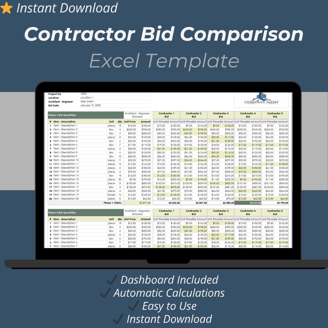 Contractor Bid Comparison Excel Template – Construction Quote ...