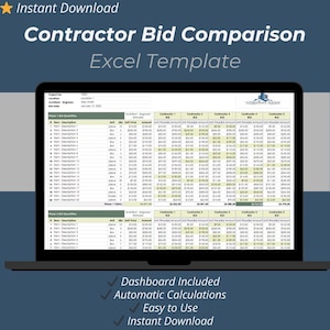 Modèle Excel de comparaison des offres des entrepreneurs - Feuille de calcul comparative des devis de construction pour la rénovation et la planification de projet