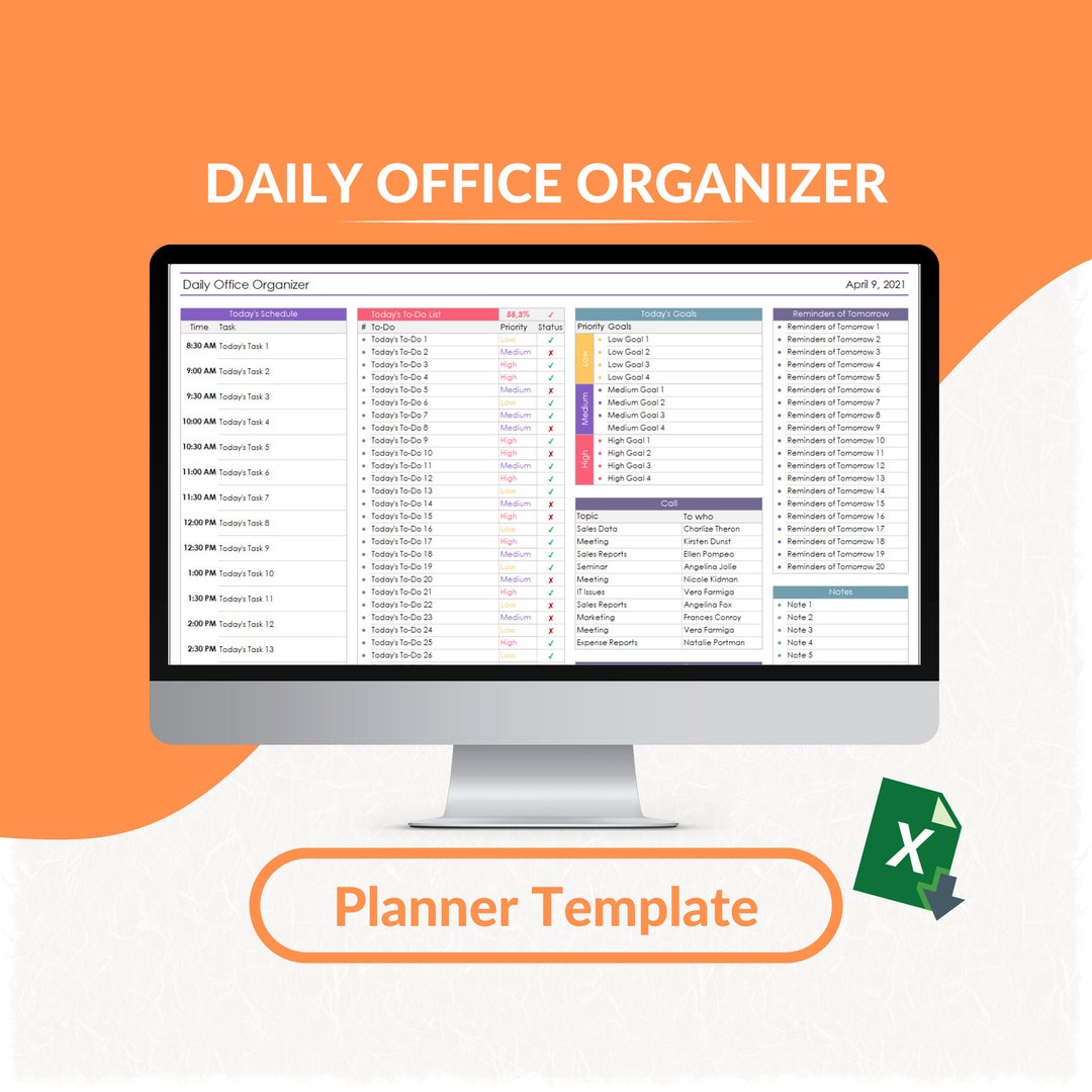Daily Office Organizer Excel Template | Daily Office Planner