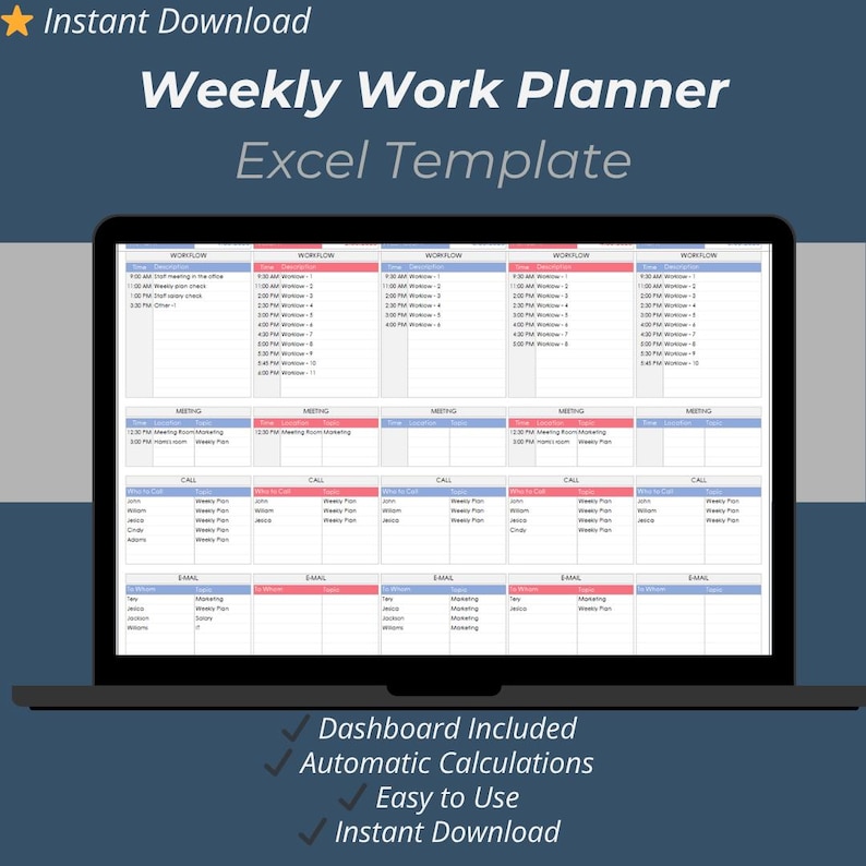 Weekly Work Planner Excel Template: Work Schedule & Task Tracker for 5 ...