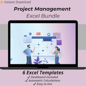 May include: A laptop screen shows a project management Excel bundle graphic. The screen displays two cartoon figures, a man and a woman, in front of a project diagram. Text includes "Project Management Excel Bundle" and "6 Excel Templates".