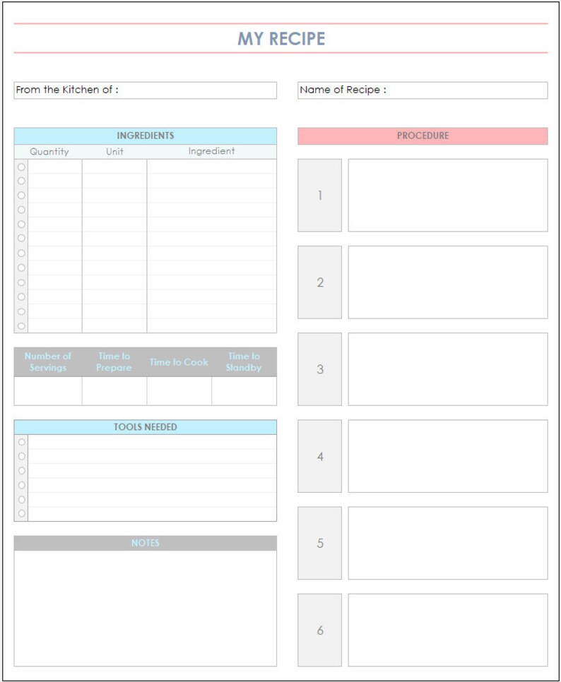 Recipe Excel Template Recipe Tracker Recipe Planner Etsy