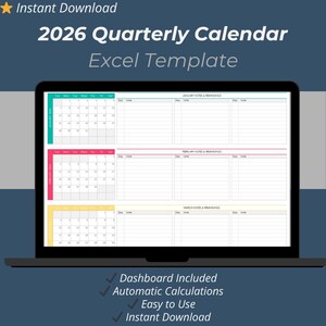 2026 Quarterly Calendar Excel Template | Task & Goal Planner Spreadsheet