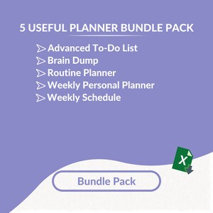5 Useful Planner Excel Templates Bundle Pack | Advanced To-Do List | Brain Dump | Routine Planner | Personal Planner | Weekly Schedule
